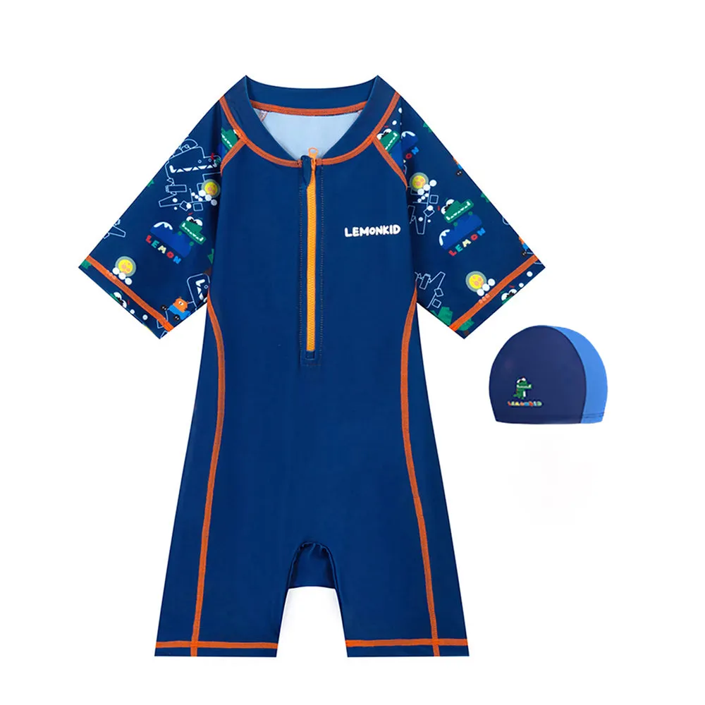 Dark Blue Geometric Alligator Kids Swimwear with matching Swim Cap with UPF 50 