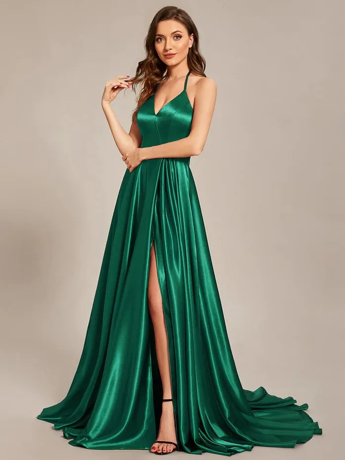 Deep V-Neck Bandage Backless Side Split Spaghetti Straps Evening Dresses