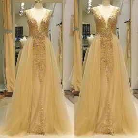 deep v neck champagne prom dresses with removable skirt beaded crystals lace applique elegant prom gown 2021