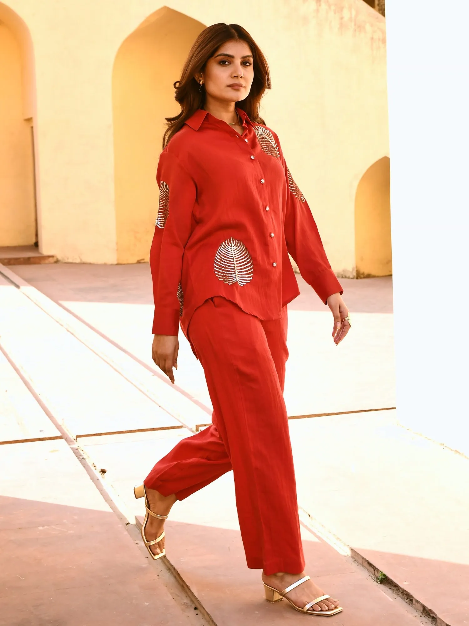Diyu Sequin Embroidered Red Co-Ord Set