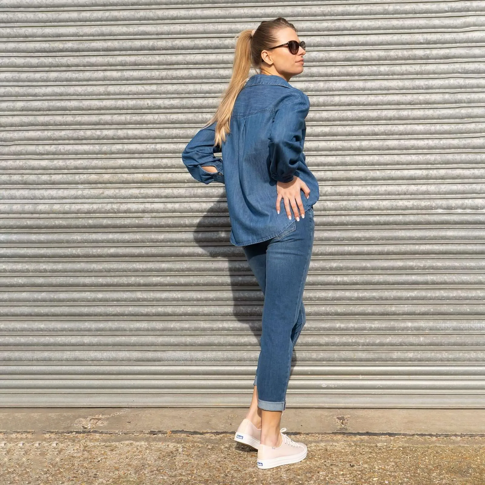 F&F Blue Denim Long Sleeve Shirts Button-Up Tops