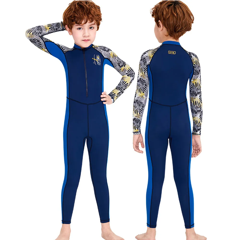 Full Sleeves Kids Swimwear Blue & Dark Blue Palm Leaves printed Sleeves, UPF 50 