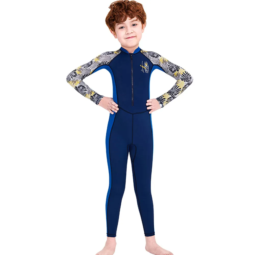Full Sleeves Kids Swimwear Blue & Dark Blue Palm Leaves printed Sleeves, UPF 50 