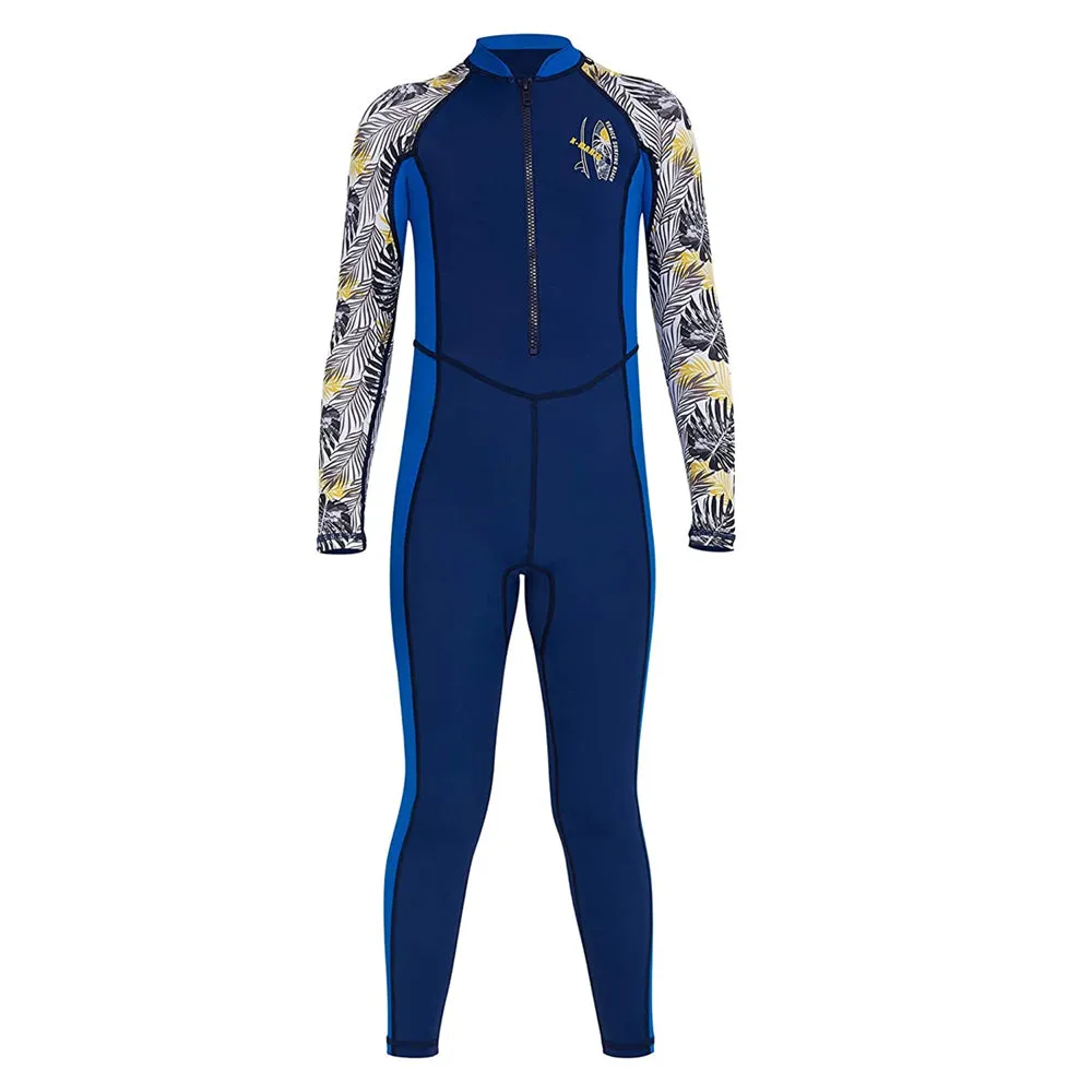 Full Sleeves Kids Swimwear Blue & Dark Blue Palm Leaves printed Sleeves, UPF 50 