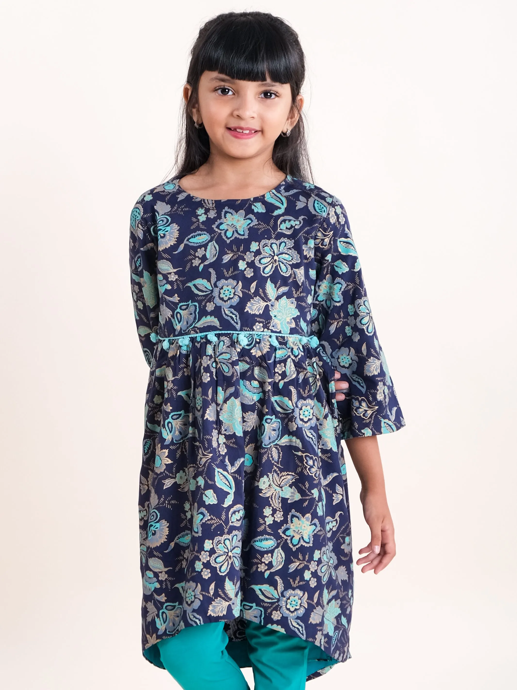 Girls Asymmetric Hem 3/4th Sleeve Kurta With Motif Print Design