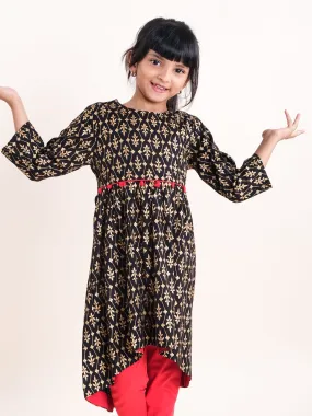 Girls Asymmetric Hem 3/4th Sleeve Kurta With Motif Print Design