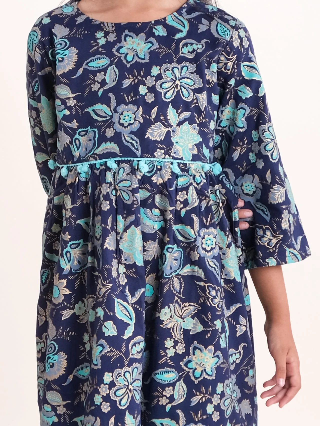 Girls Asymmetric Hem 3/4th Sleeve Kurta With Motif Print Design