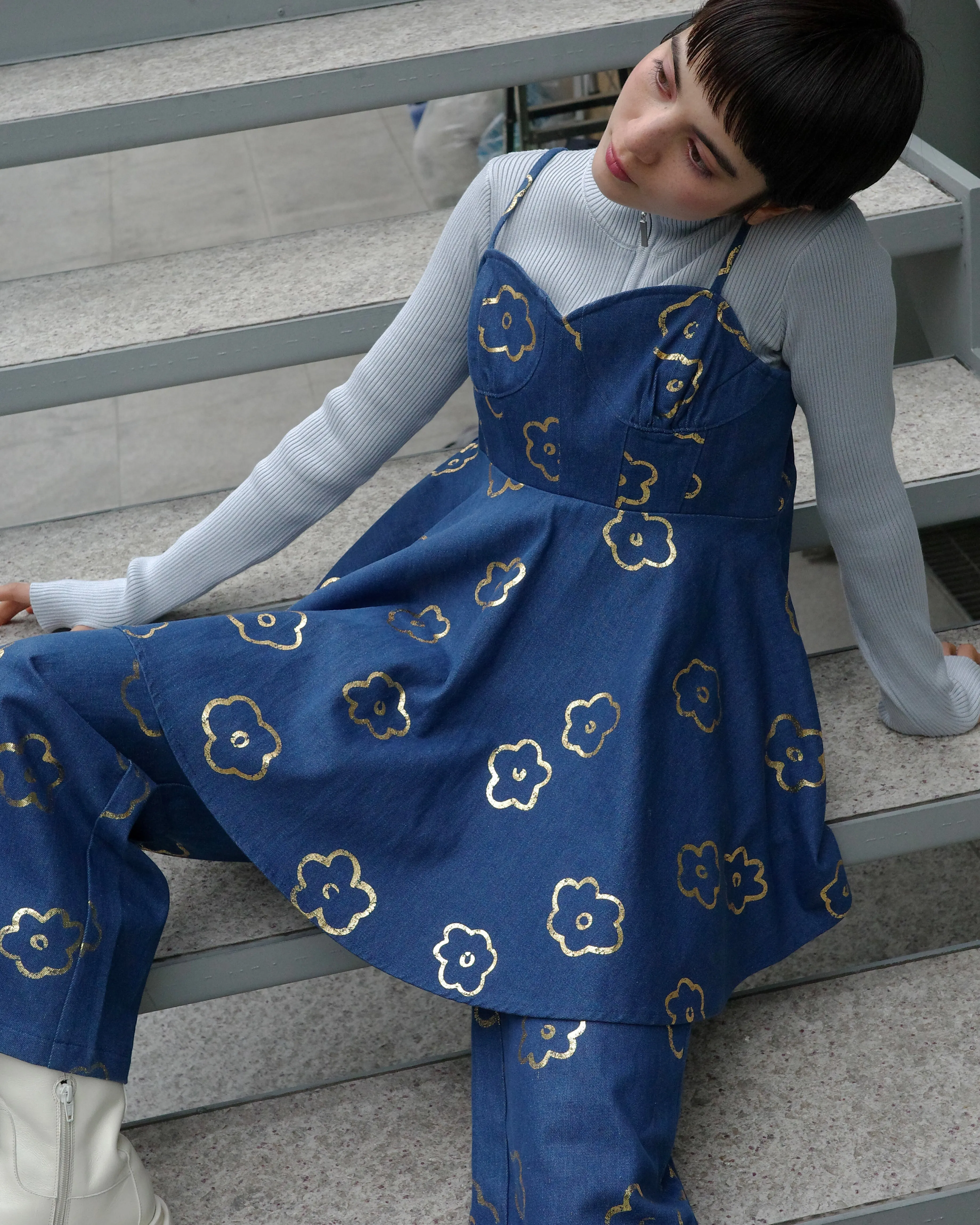 Gold flower denim tunic