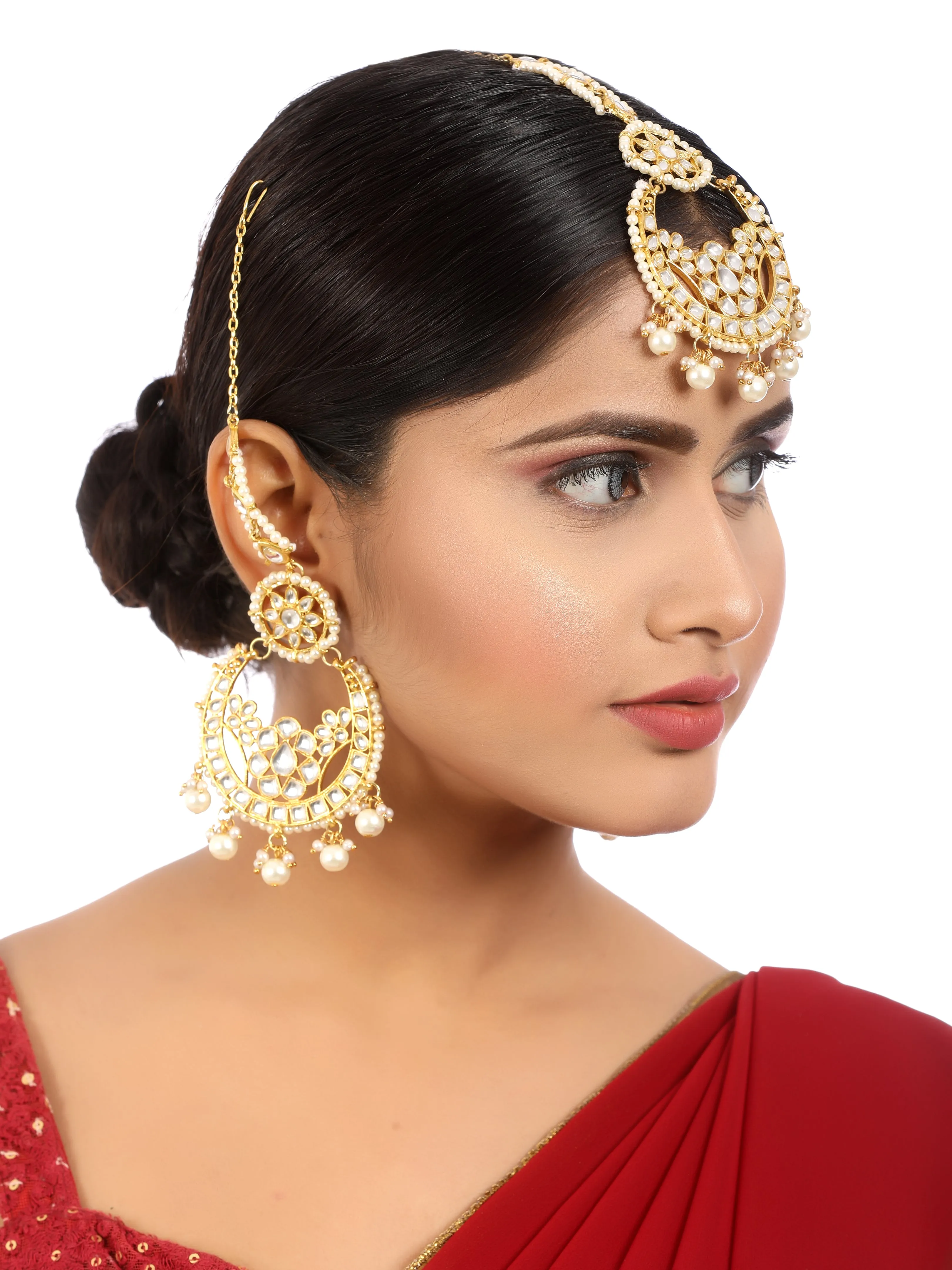 Gold Plated Pearl Beads Kundan Chandbali Earring with Maangtikka
