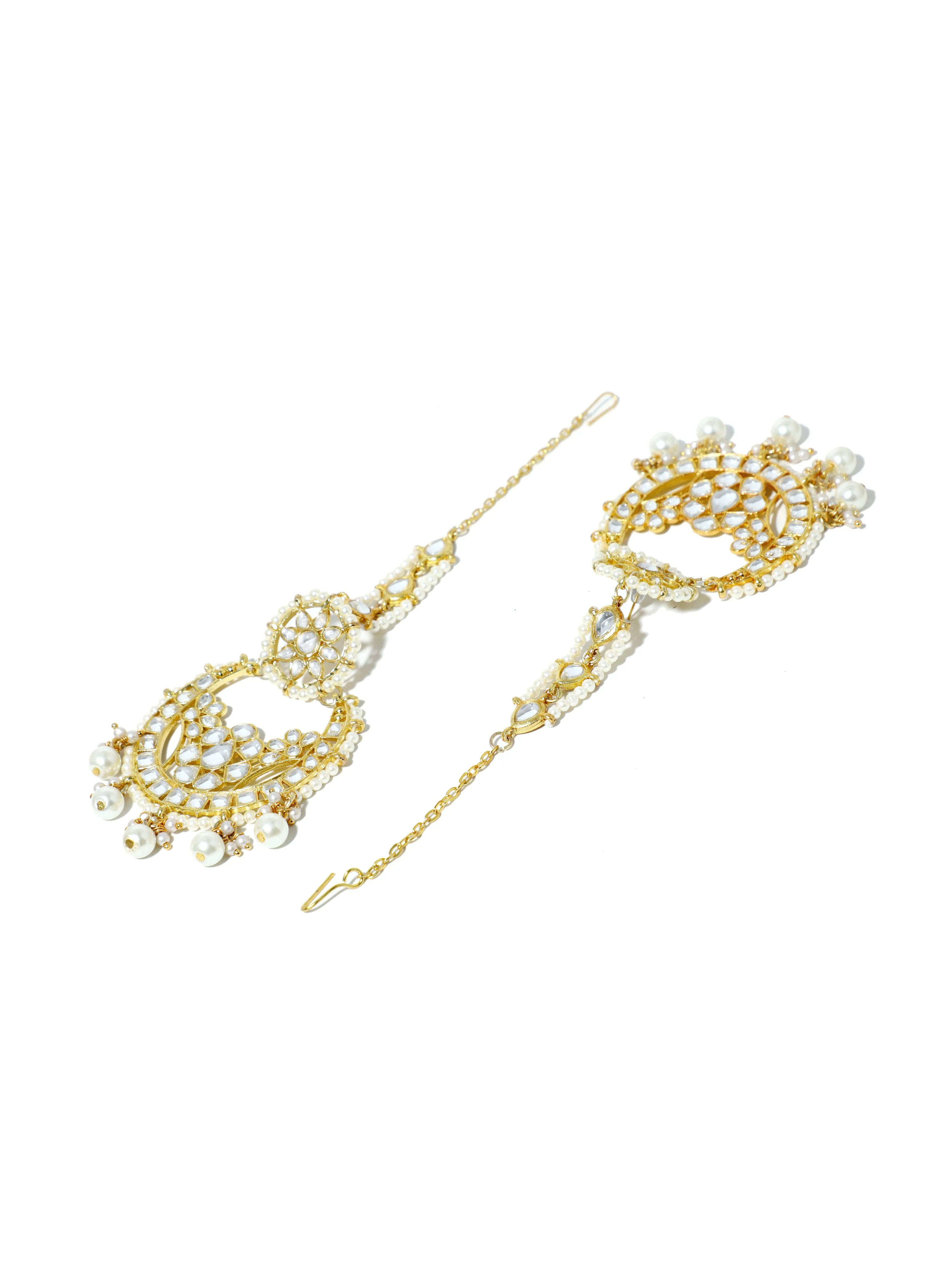 Gold Plated Pearl Beads Kundan Chandbali Earring with Maangtikka