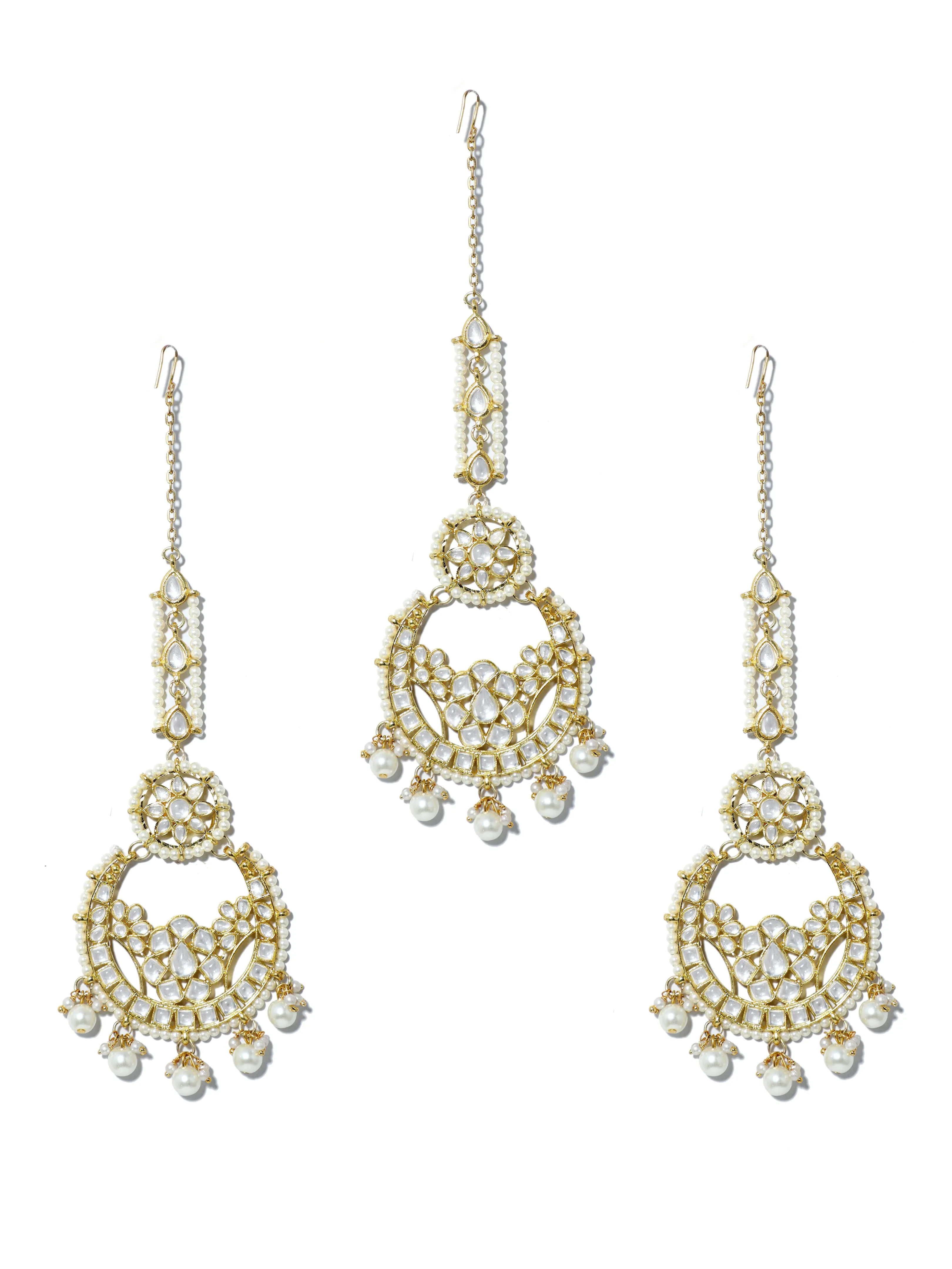 Gold Plated Pearl Beads Kundan Chandbali Earring with Maangtikka