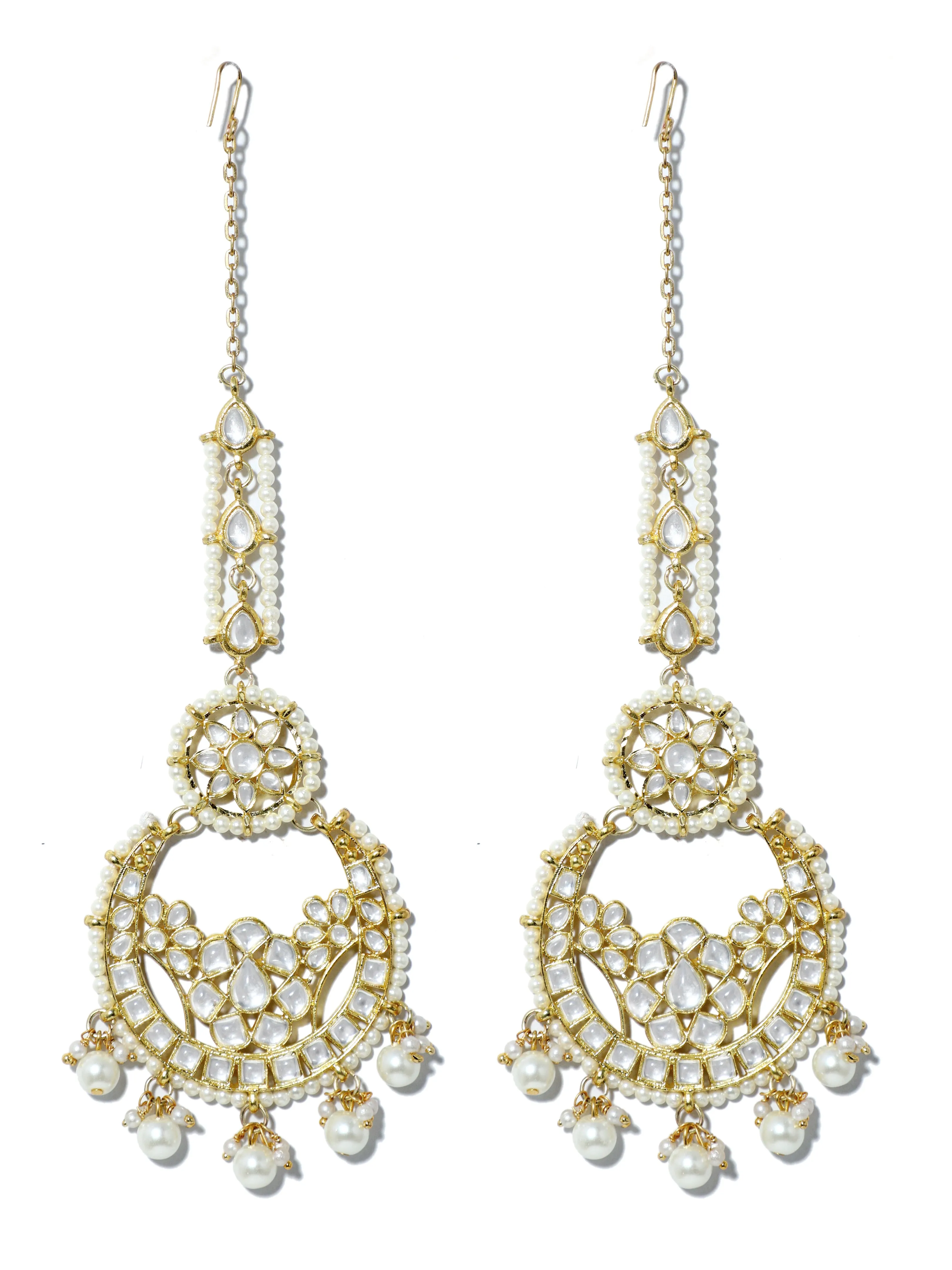 Gold Plated Pearl Beads Kundan Chandbali Earring with Maangtikka