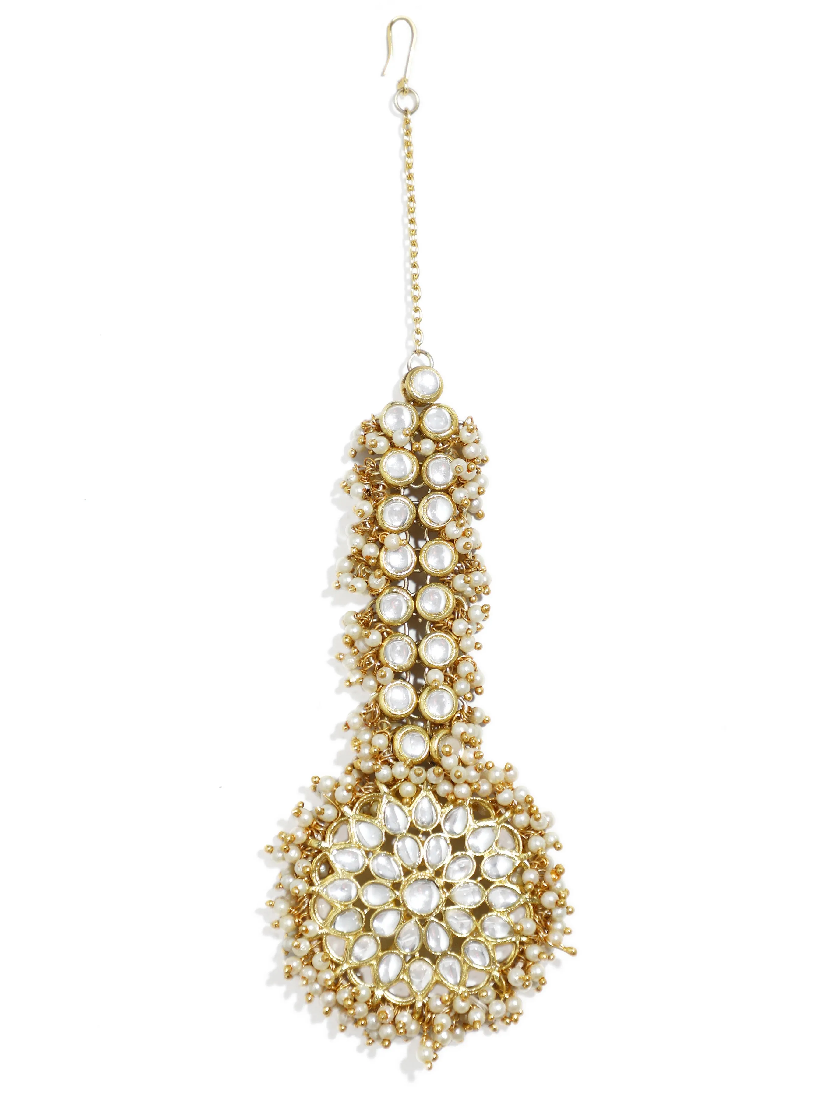 Exquisite Gold-Plated Kundan Maangtikka with Tassel Beads