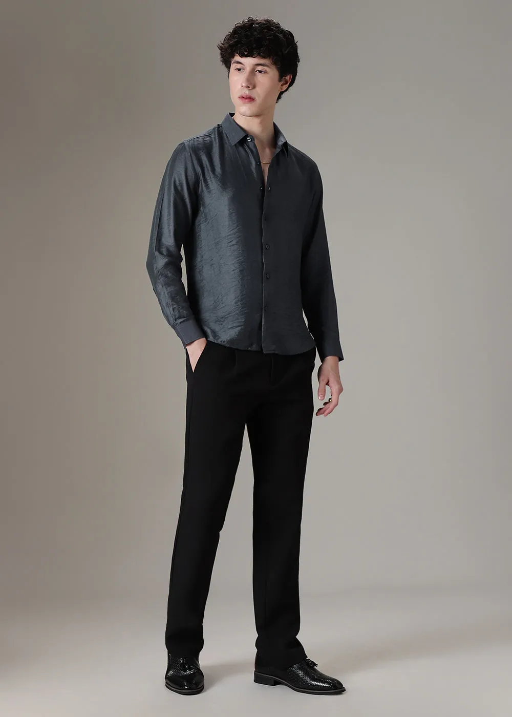 Grey Crushed Satin Shirt