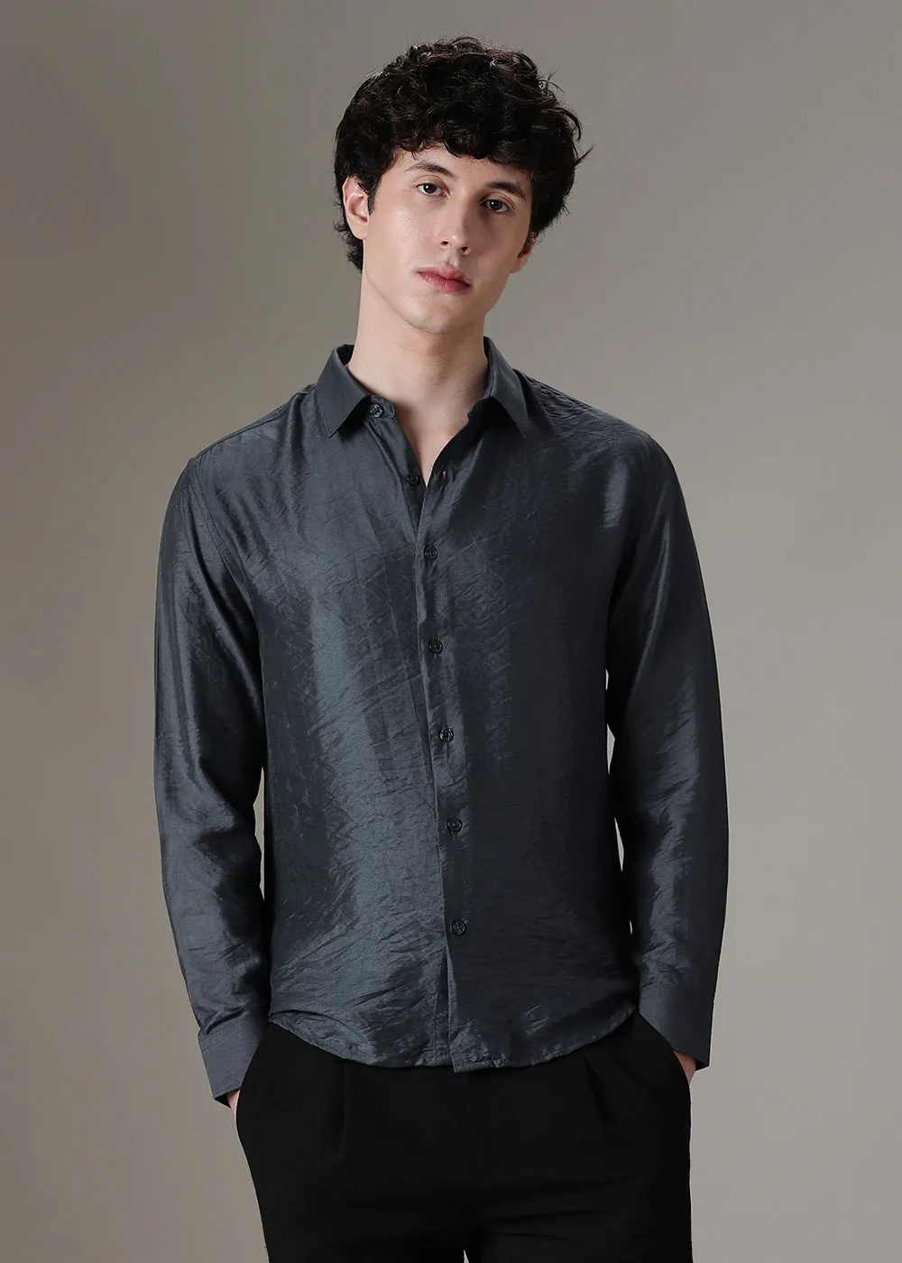 Grey Crushed Satin Shirt