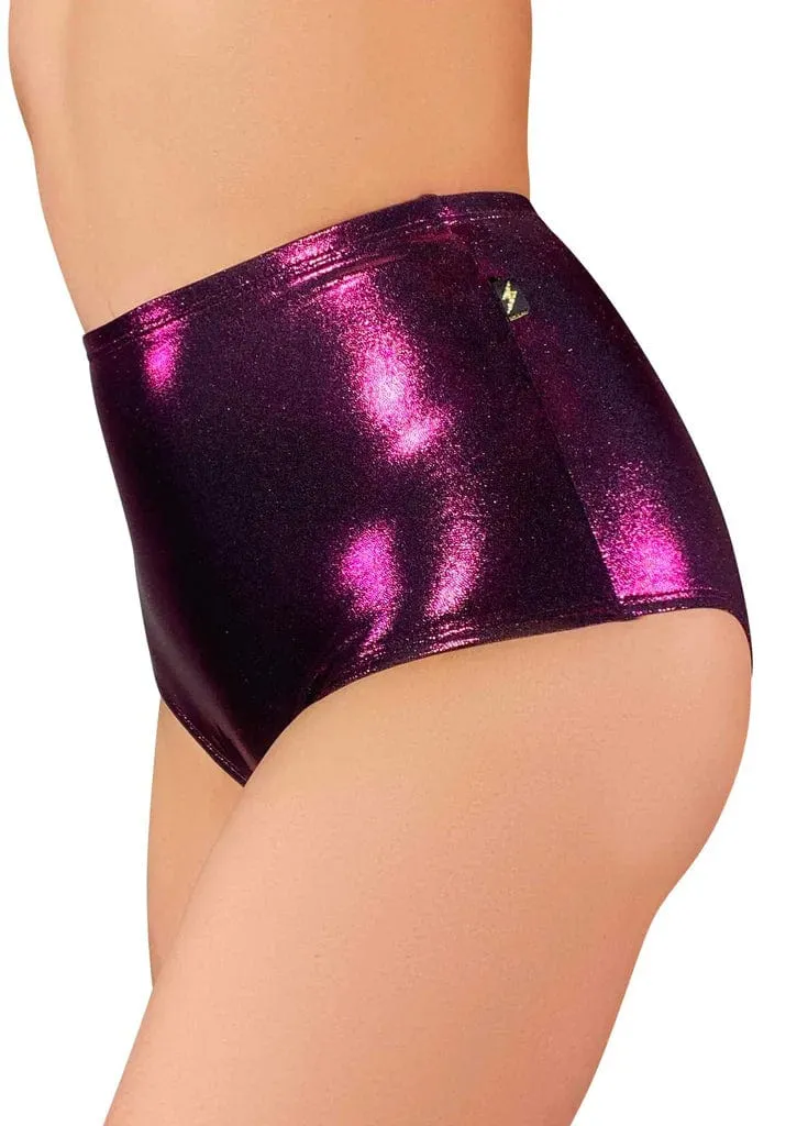 High Waisted Hot Pants - Metallic Feisty Fuchsia