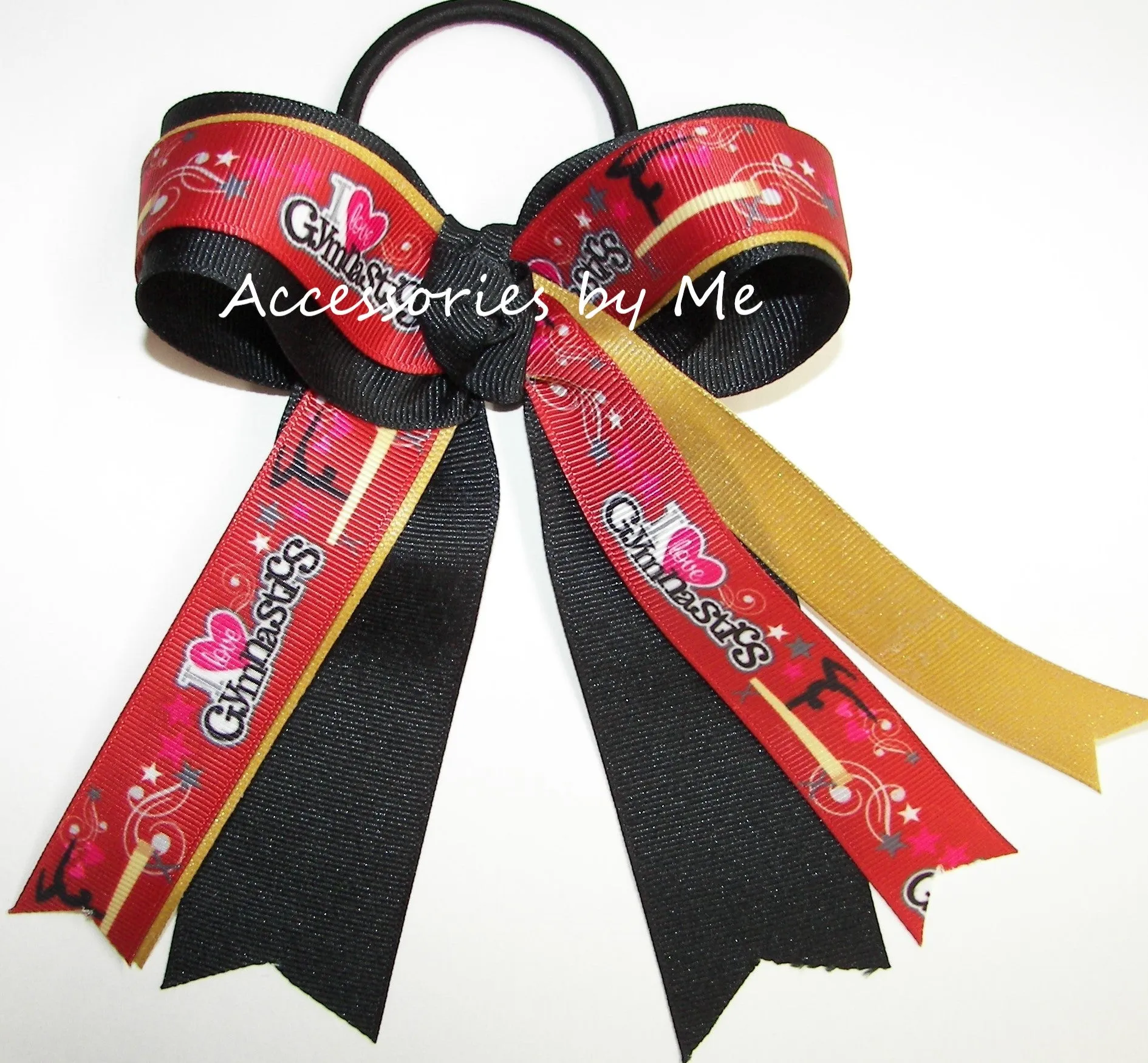 I Love Gymnastics Purple Black Ponytail Bow