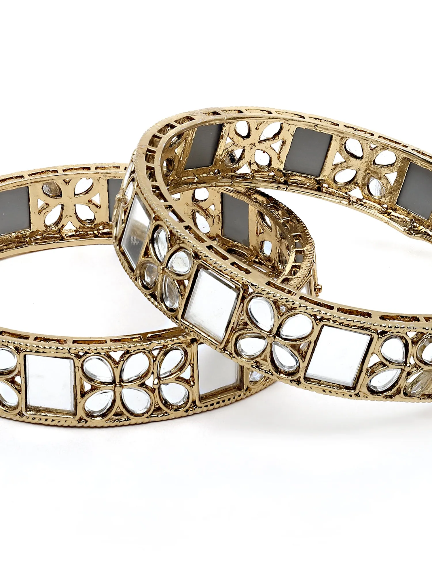Karatcart Antique Gold Plated Floral Mirror Work Kundan Bangle Set for Women