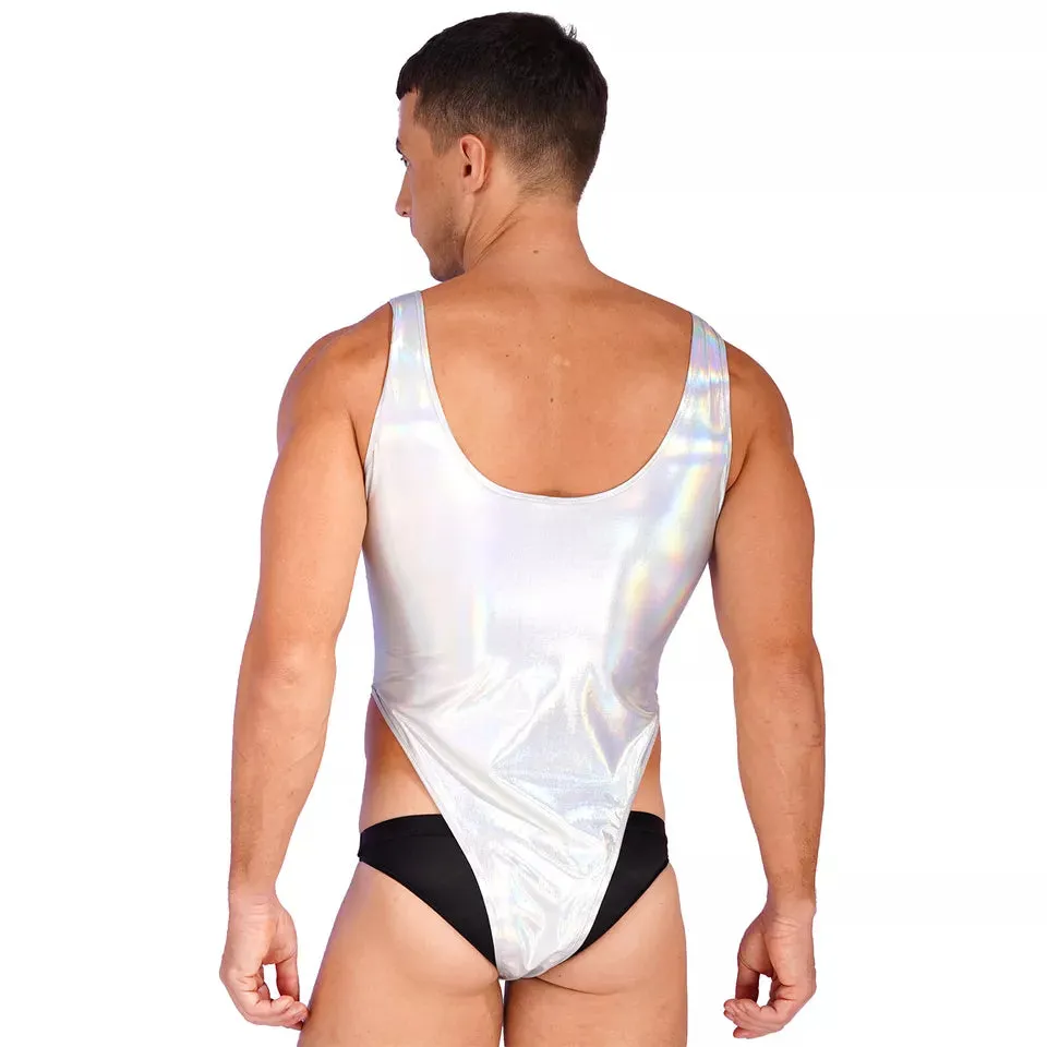 Men's Metallic Shiny Swimsuit One Piece High Cut Bodysuit Bathing Suit Clubwear