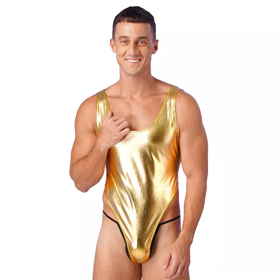 Men's Metallic Shiny Swimsuit One Piece High Cut Bodysuit Bathing Suit Clubwear