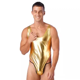 Men's Metallic Shiny Swimsuit One Piece High Cut Bodysuit Bathing Suit Clubwear