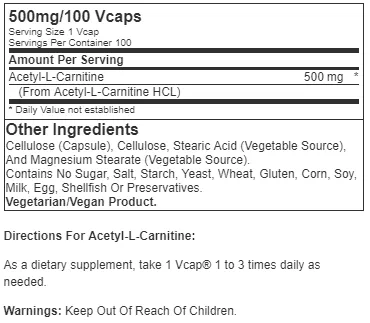 NOW Acetyl L-Carnitine 500mg 100 Vcaps Exp Dec 2027