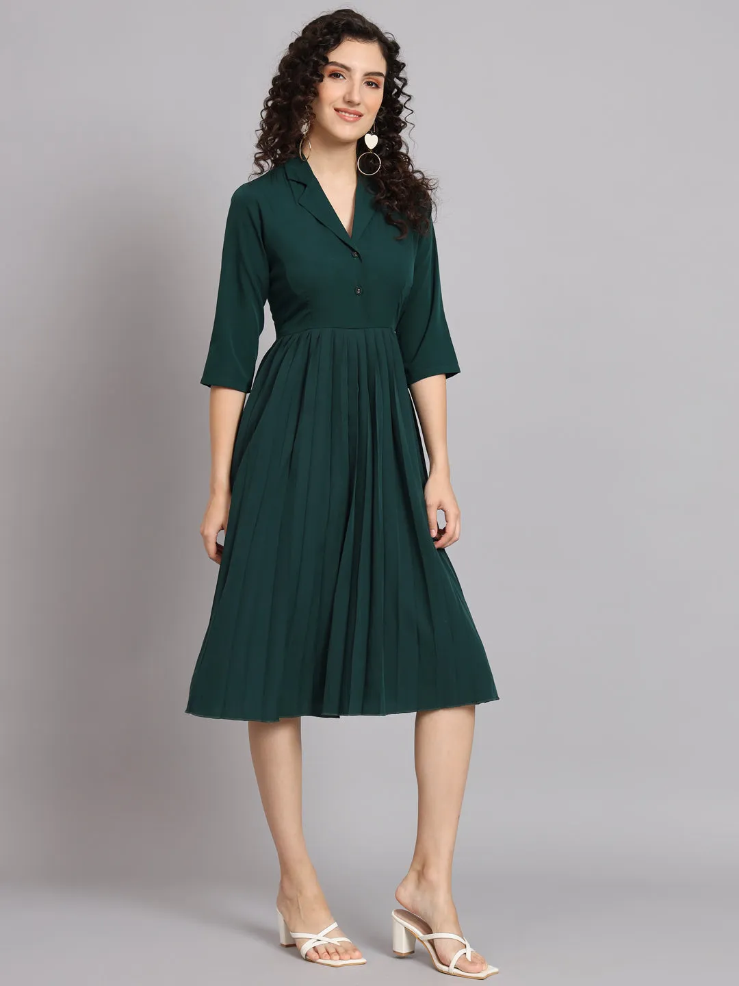 Pleated Flare Dress - Bottle Green