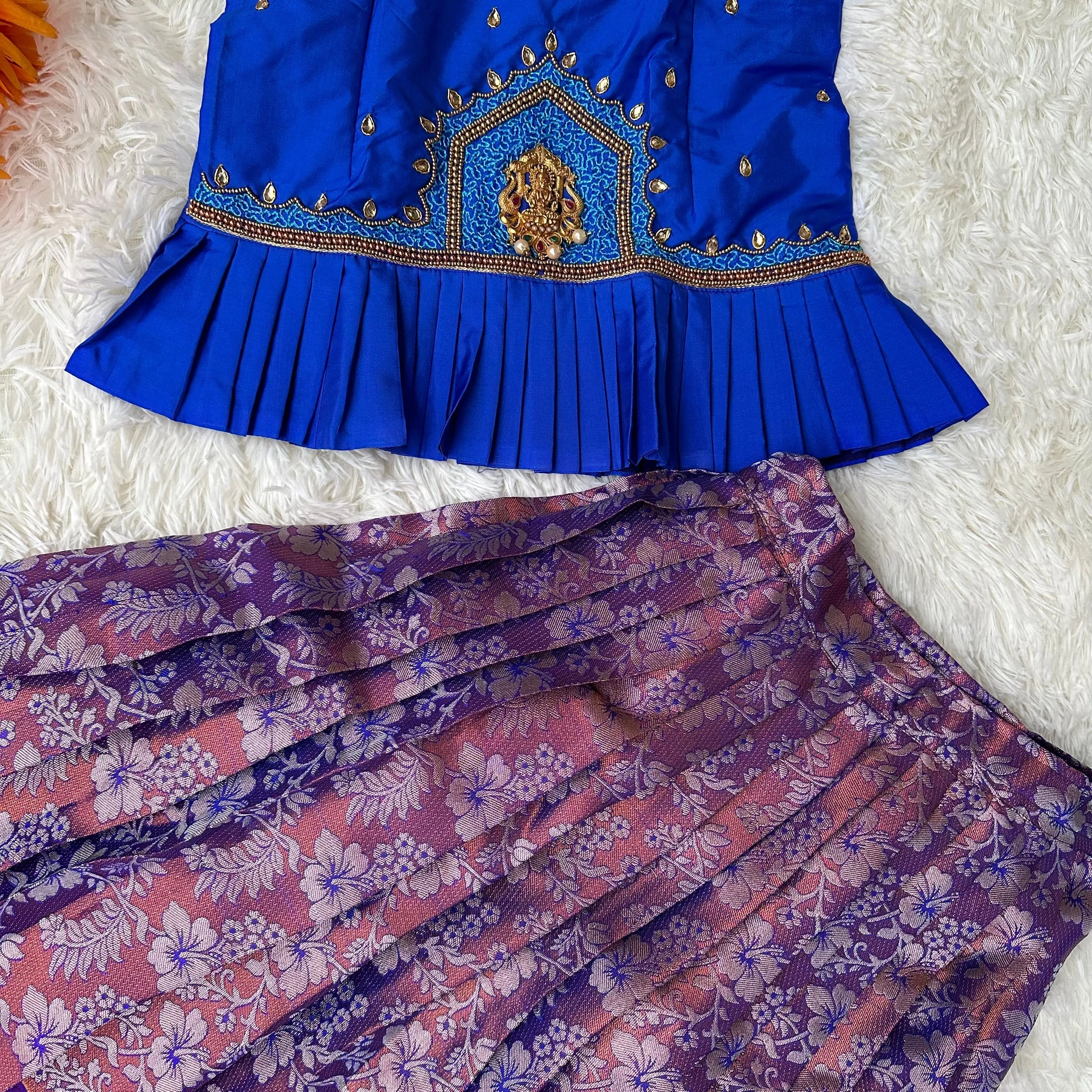 PRE ORDER : Little Royalty: Royal Blue peplum Top with semi silk Copper Zari Skirt