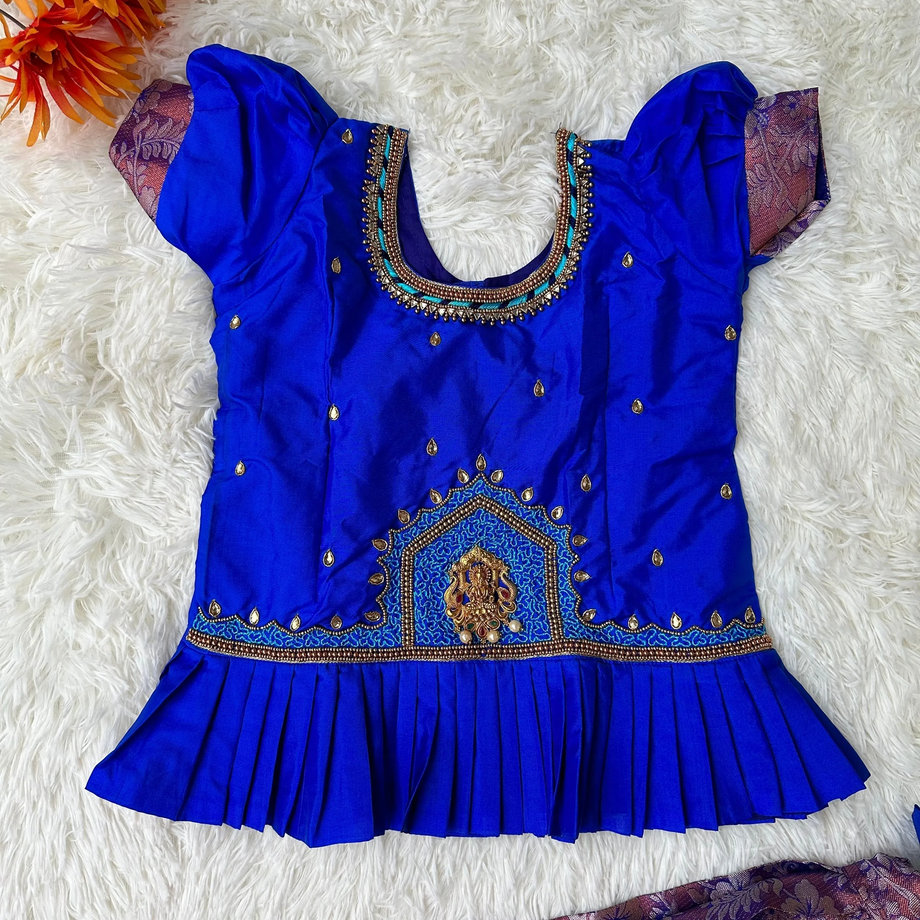 PRE ORDER : Little Royalty: Royal Blue peplum Top with semi silk Copper Zari Skirt