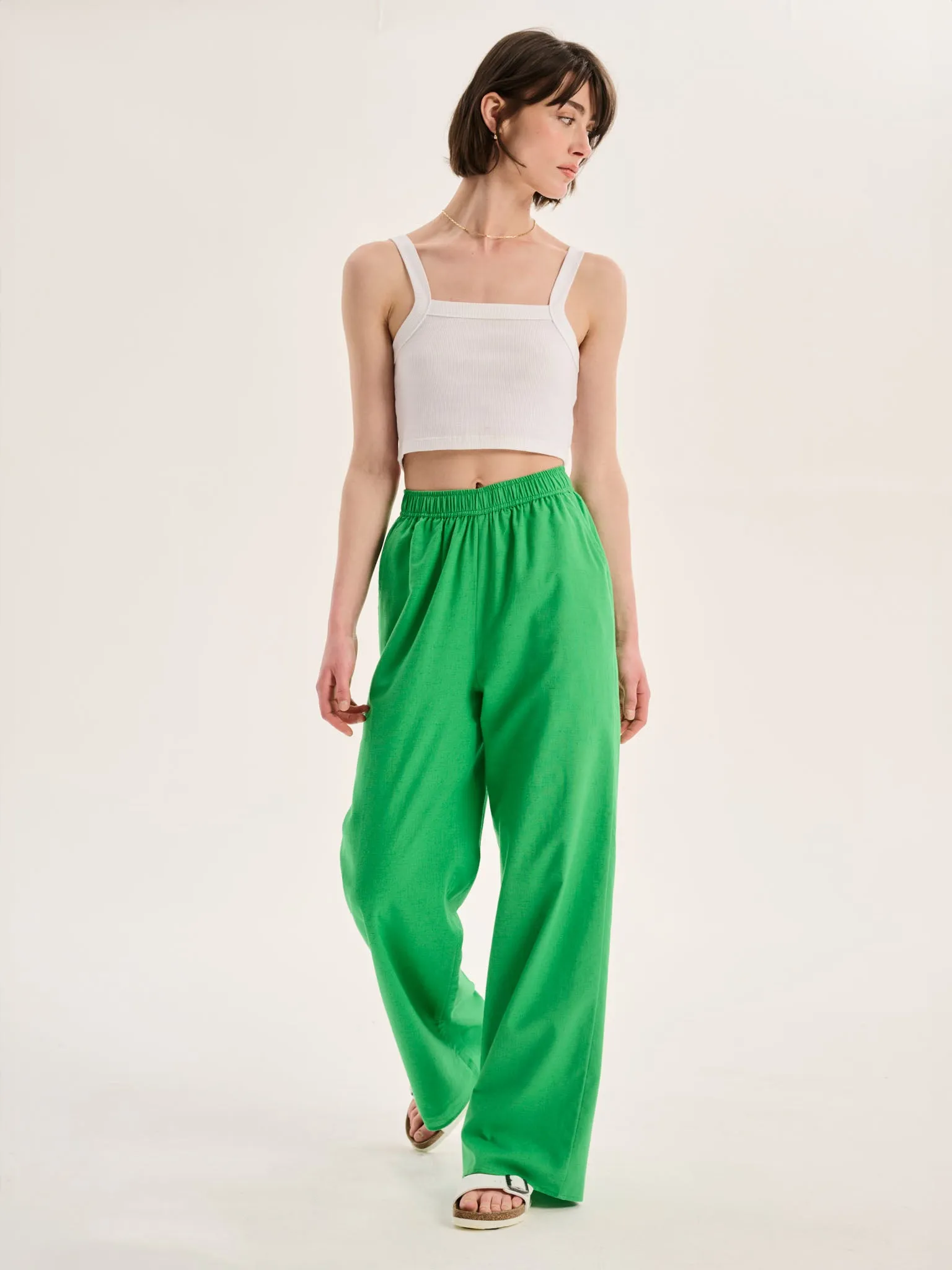 Ramela Elasticated Waist Linen Trouser in Green