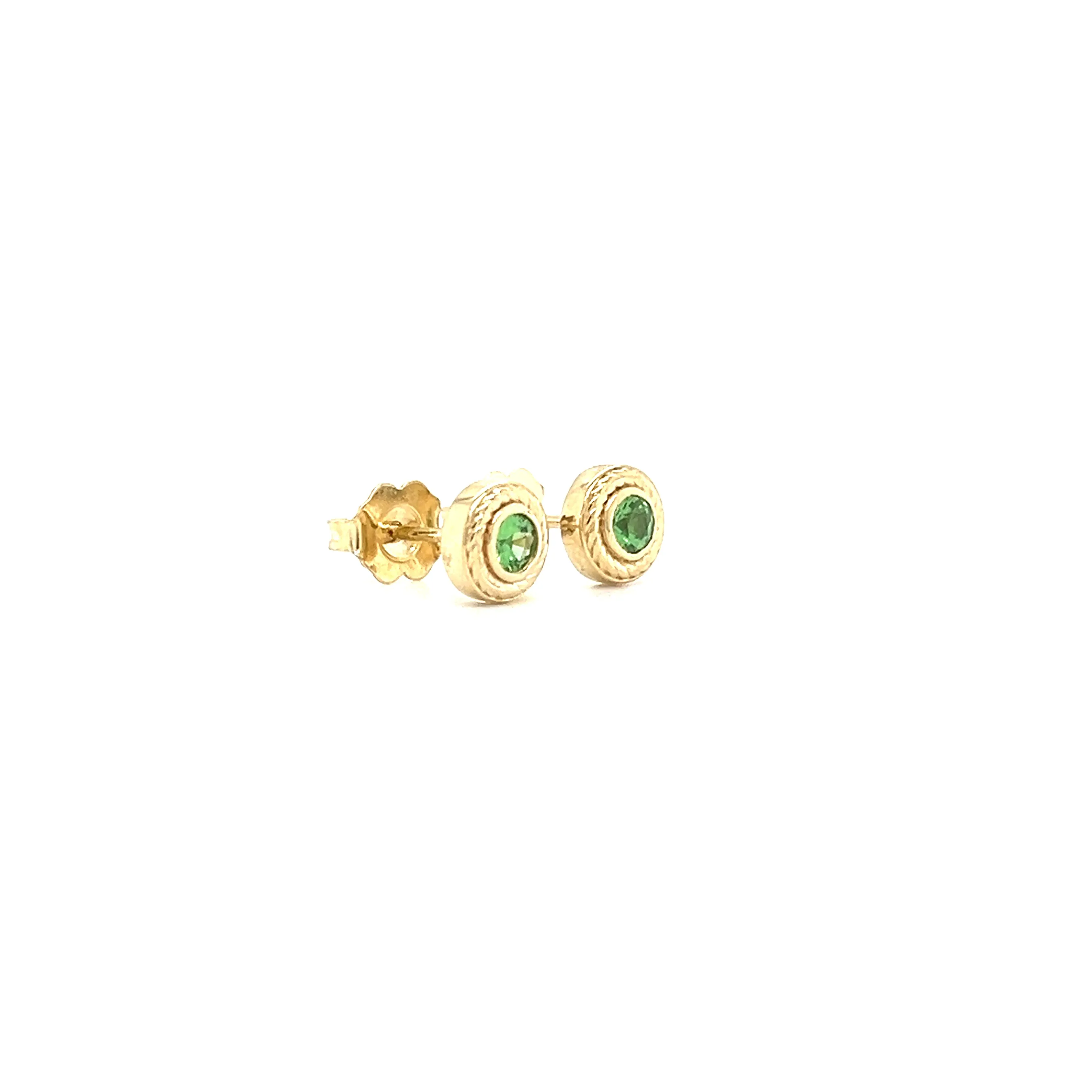 Round Tsavorite Stud Earrings with Rope Details in 14K Yellow Gold