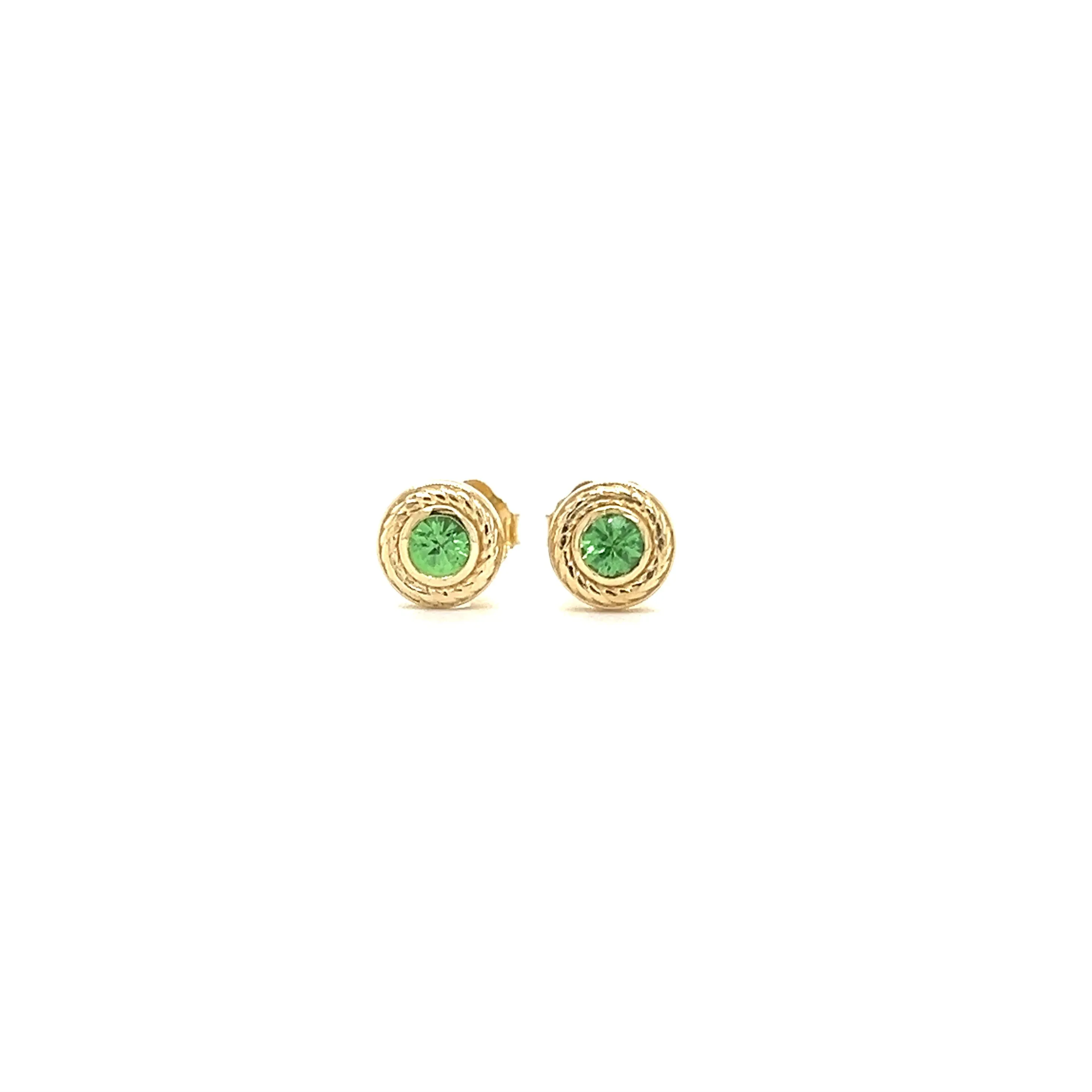 Round Tsavorite Stud Earrings with Rope Details in 14K Yellow Gold