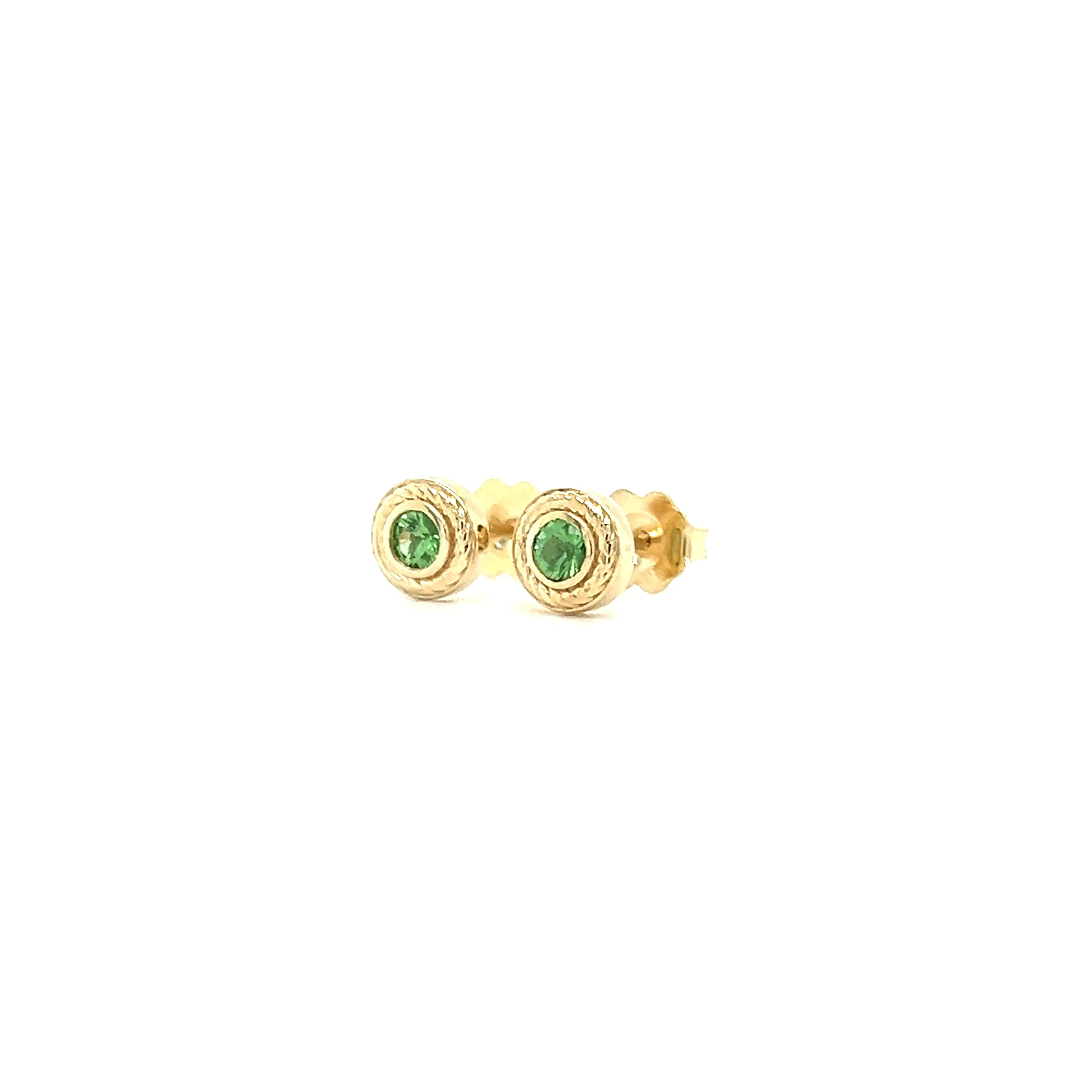 Round Tsavorite Stud Earrings with Rope Details in 14K Yellow Gold