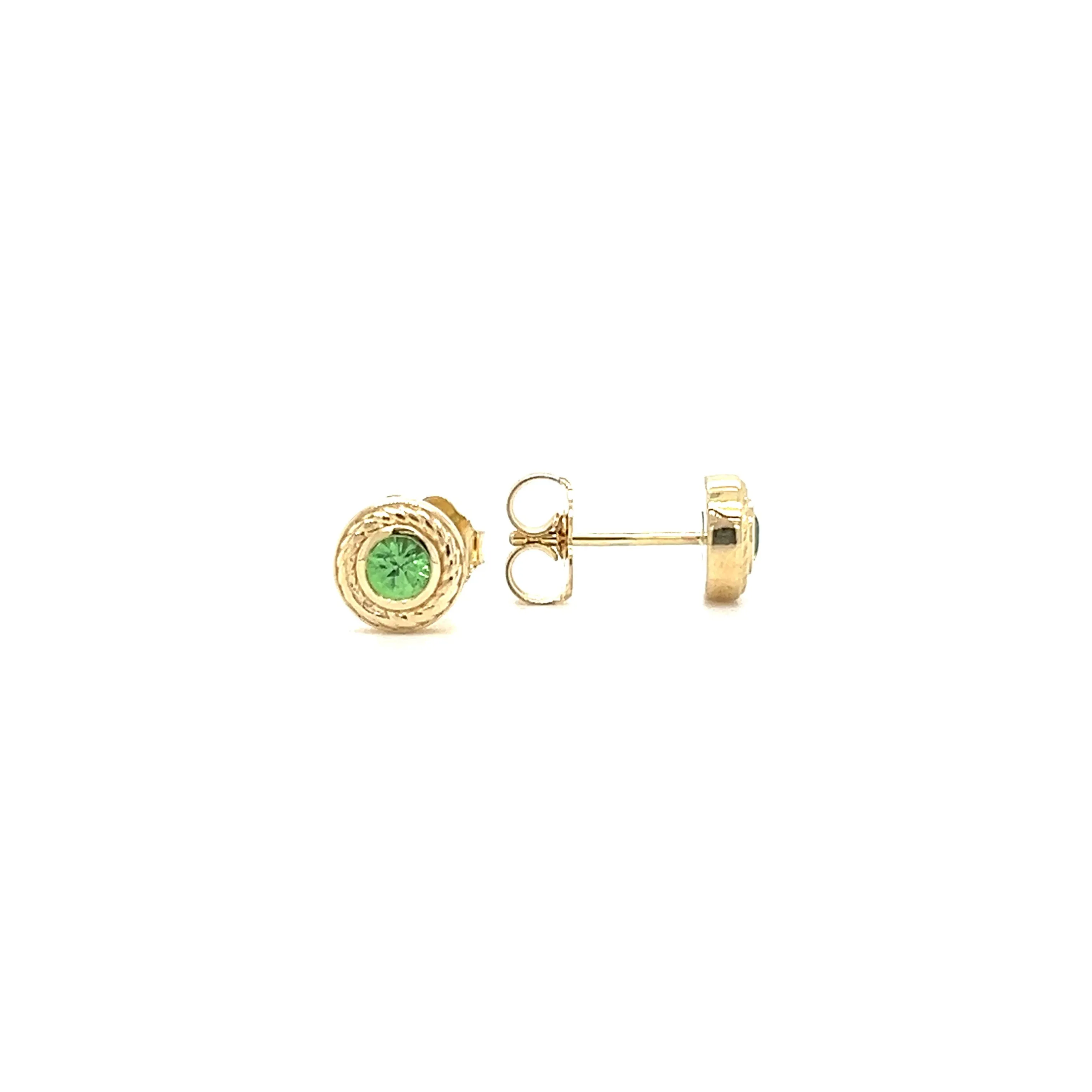 Round Tsavorite Stud Earrings with Rope Details in 14K Yellow Gold