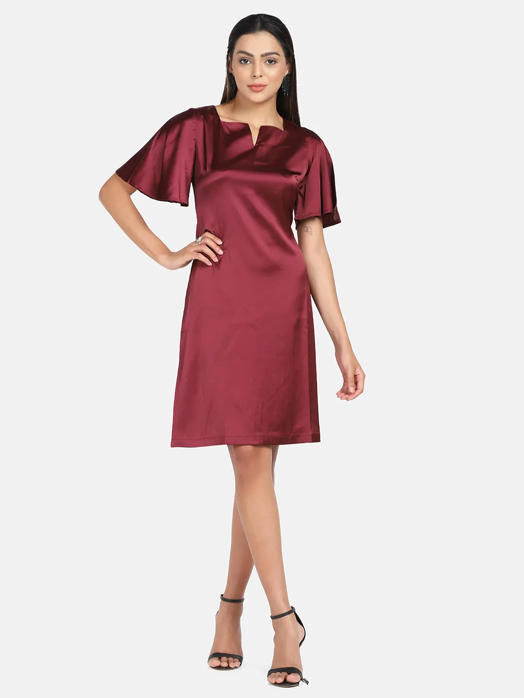 Satin Stretch A line Party Dress - Wine