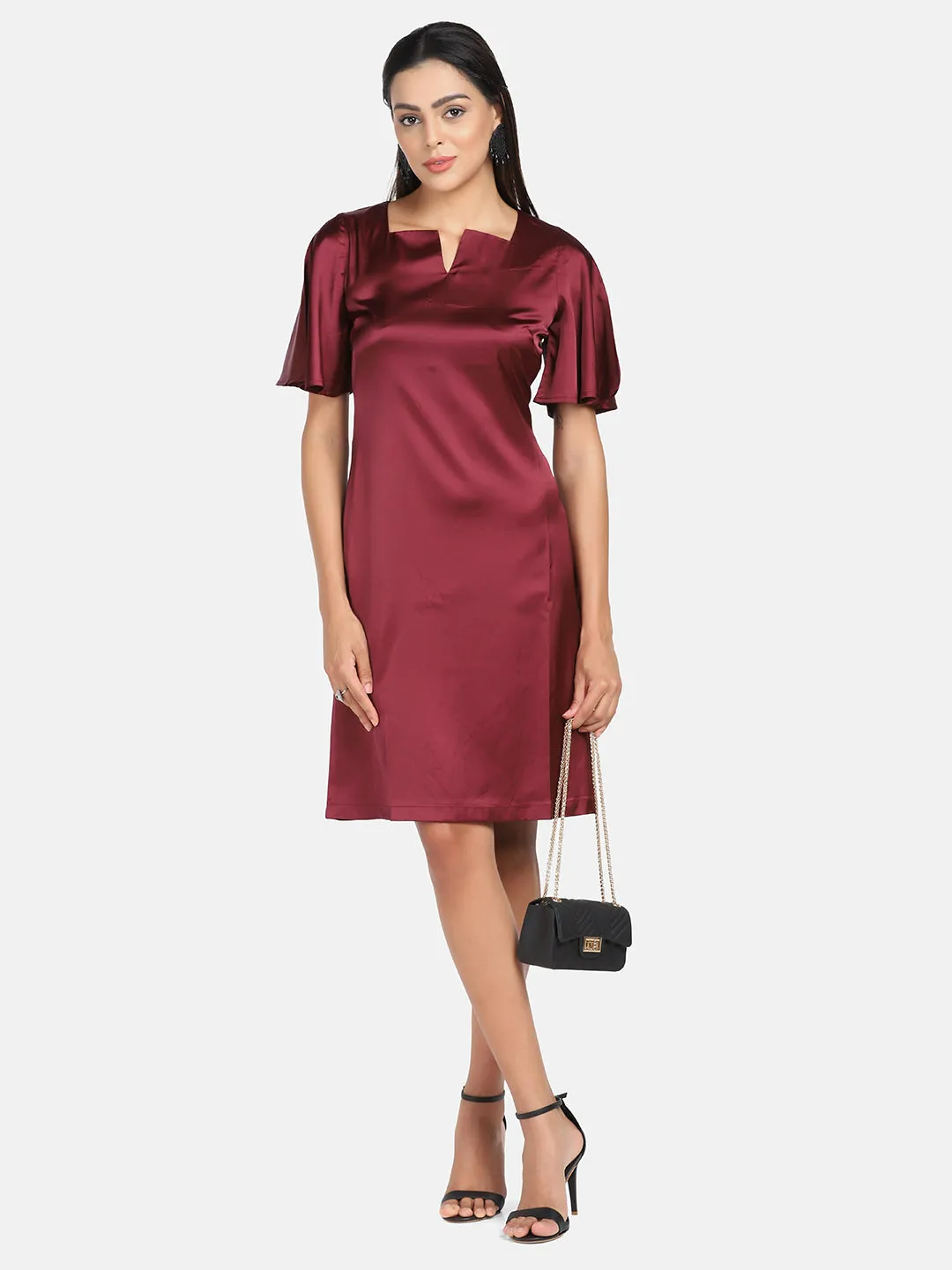 Satin Stretch A line Party Dress - Wine