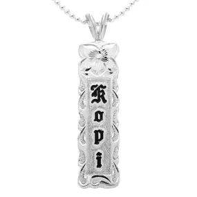 Sterling Silver Custom-Made Plumeria Queen Scroll Black Enamel Raise Letter Cut Out Edge Vertical Pendant