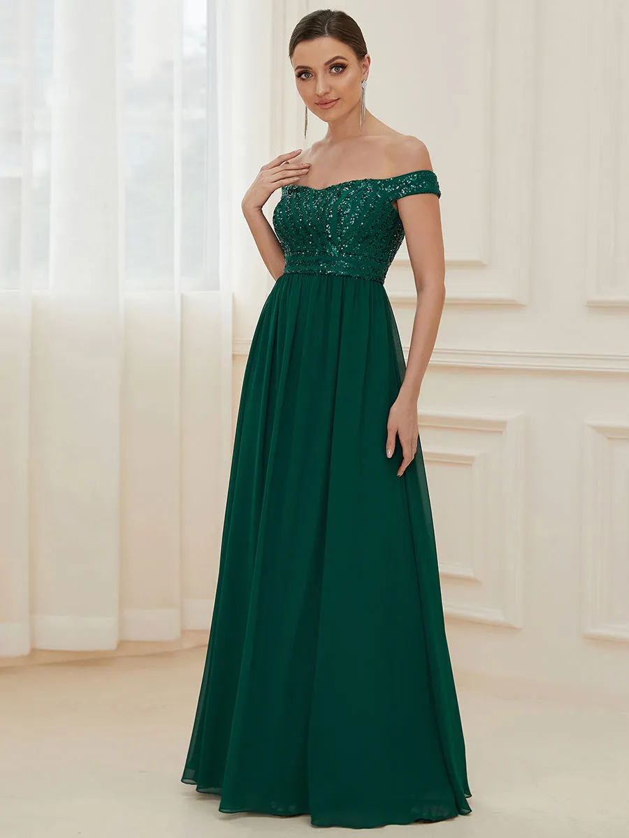 Striped Sequin Sweetheart Floor-Length Evening Dress
