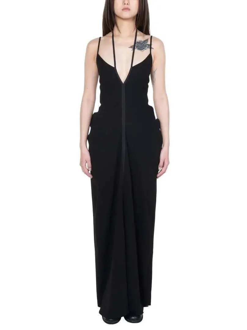 Women’s Black Draped V-Neck Backless Dress