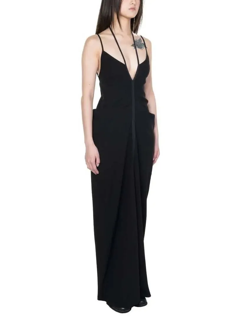 Women’s Black Draped V-Neck Backless Dress