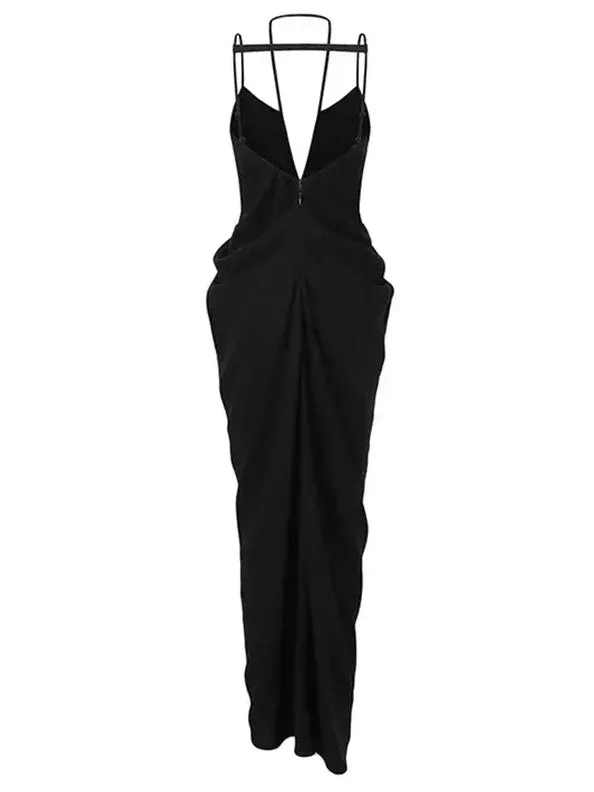 Women’s Black Draped V-Neck Backless Dress